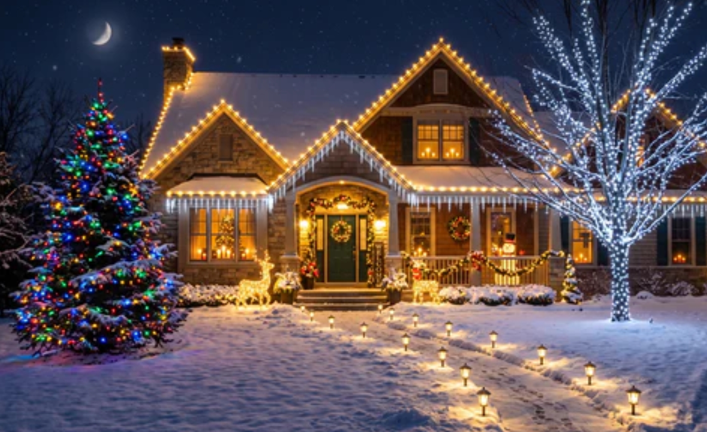 Christmas lights professionally installed on the roofline, porch, and tree of a Syracuse home at night